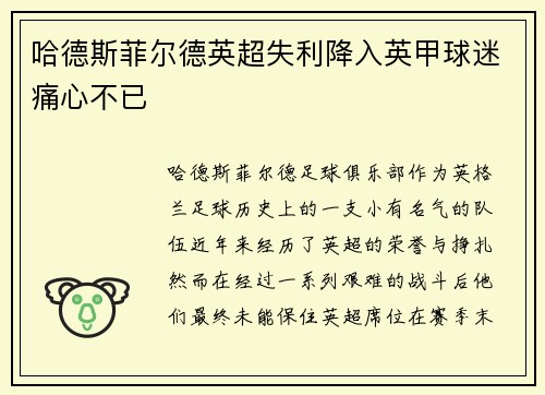 哈德斯菲尔德英超失利降入英甲球迷痛心不已 哈德斯菲尔德英超失利降入英甲球迷痛心不已