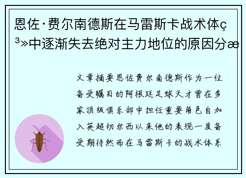 恩佐·费尔南德斯在马雷斯卡战术体系中逐渐失去绝对主力地位的原因分析 恩佐·费尔南德斯在马雷斯卡战术体系中逐渐失去绝对主力地位的原因分析