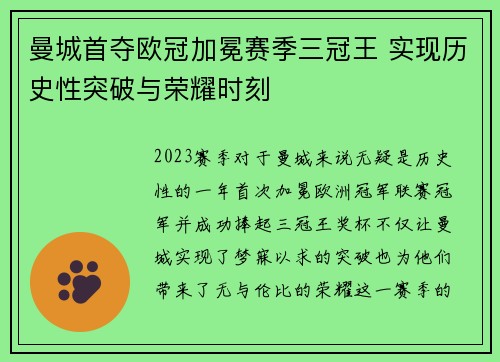 曼城首夺欧冠加冕赛季三冠王 实现历史性突破与荣耀时刻
