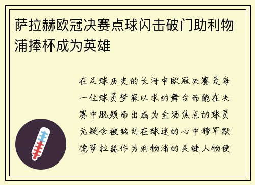 萨拉赫欧冠决赛点球闪击破门助利物浦捧杯成为英雄 萨拉赫欧冠决赛点球闪击破门助利物浦捧杯成为英雄