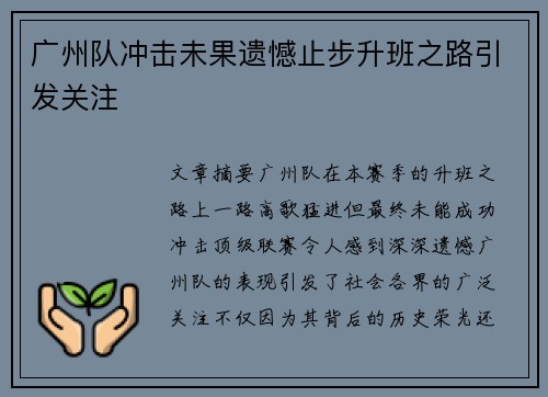 广州队冲击未果遗憾止步升班之路引发关注