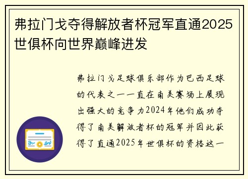 弗拉门戈夺得解放者杯冠军直通2025世俱杯向世界巅峰进发 弗拉门戈夺得解放者杯冠军直通2025世俱杯向世界巅峰进发